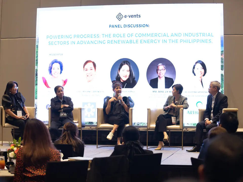 Five renewable energy experts participating in a conference panel