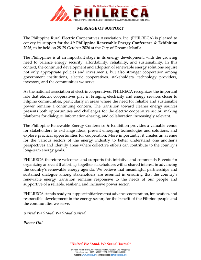 Message of Support from the Philippine Rural Electric Cooperatives Association, Inc. (PHILRECA) for the 4th Philippine Renewable Energy Conference & Exhibition 2026, on 28-29 October 2026 at City of Dreams Manila, Manila, Philippines.